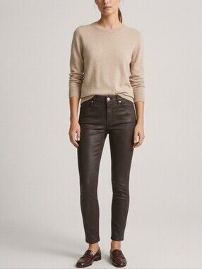 BNWT Mango Isa Brown Coated Waxed Cropped Skinny Jeans 32 Rocker Biker Moto